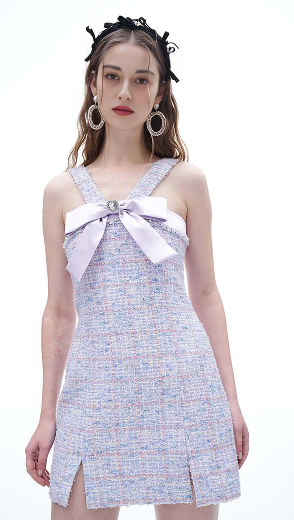 AIIZIE RHINESTONE BOWTIE TWEED MINI DRESS IN PURPLE - product image