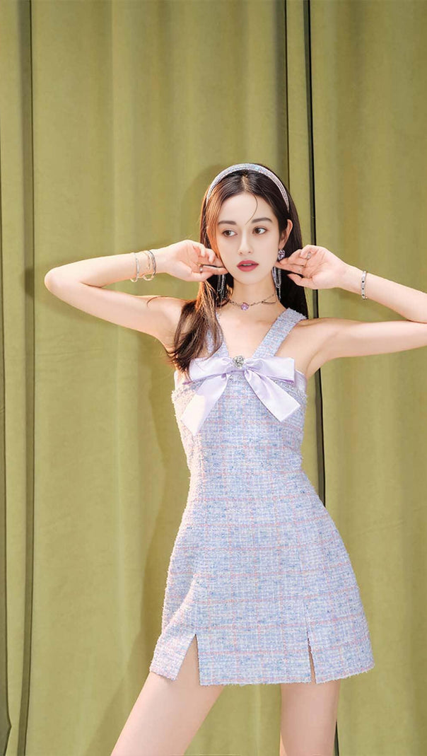 AIIZIE RHINESTONE BOWTIE TWEED MINI DRESS IN PURPLE - product image