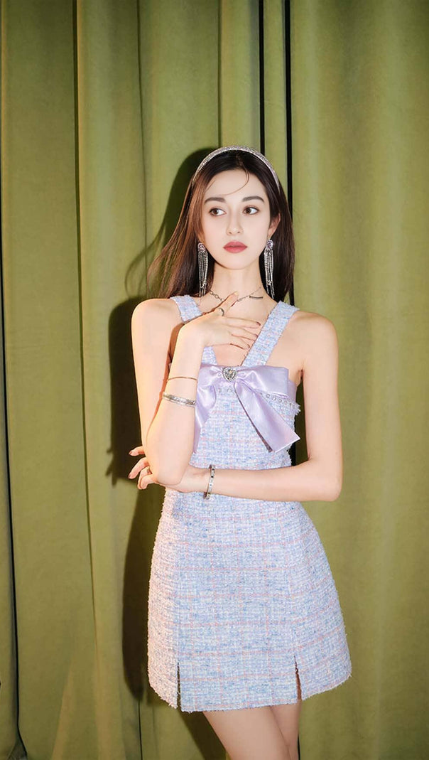 AIIZIE RHINESTONE BOWTIE TWEED MINI DRESS IN PURPLE - product image