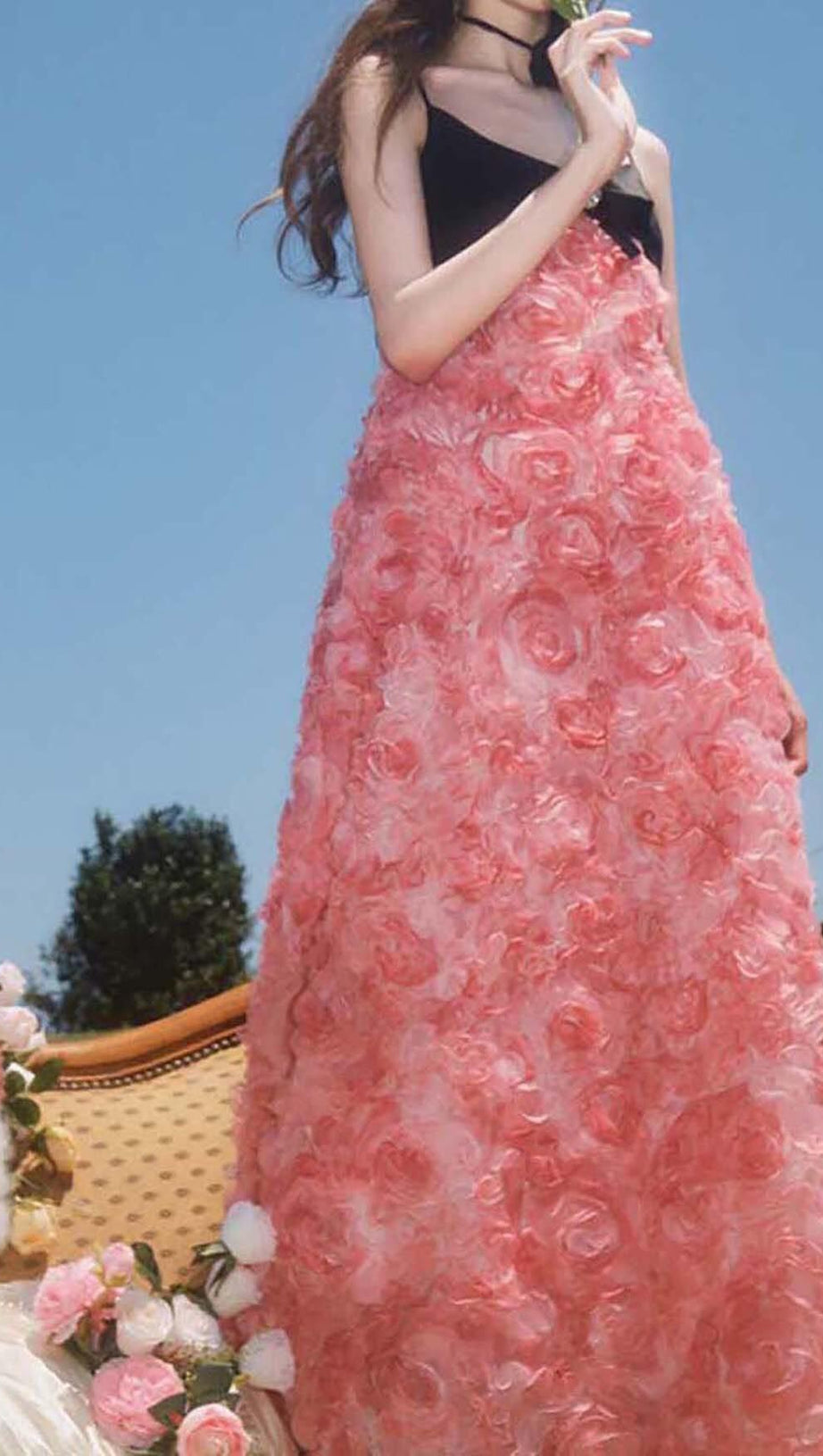 ROSE APPLIQUÉD SPAGHETTI MAXI DRESS IN PINK