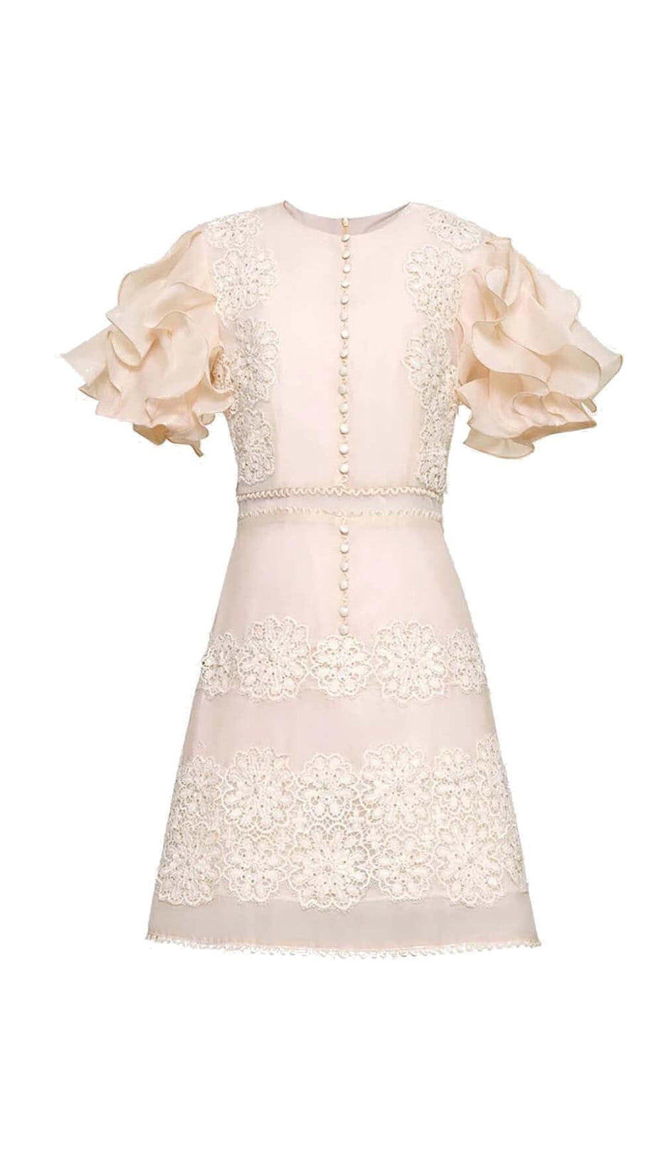 RUFFLE BUTTON LINE MIDI DRESS IN BEIGE