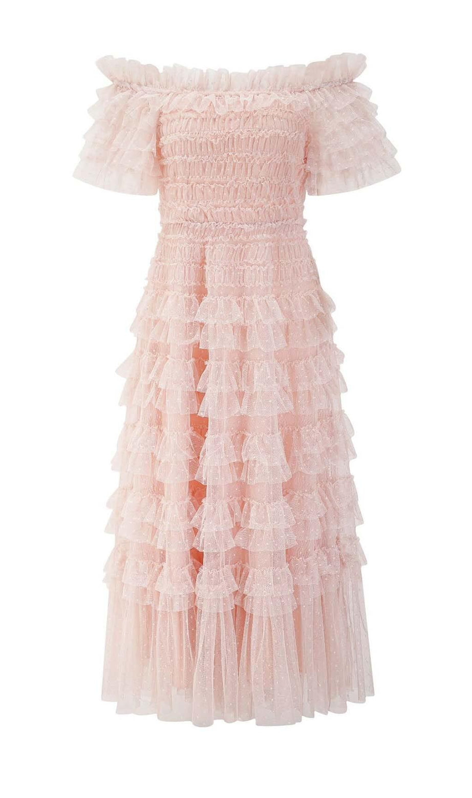 RUFFLE OFF SHOULDER TIERED MIDI DRESS IN PINK