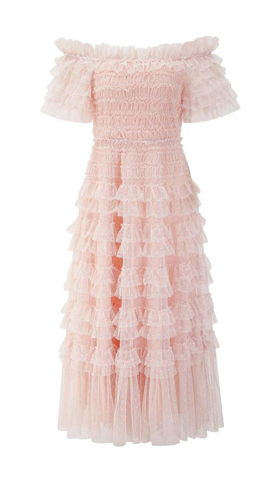 RUFFLE OFF SHOULDER TIERED MIDI DRESS IN PINK
