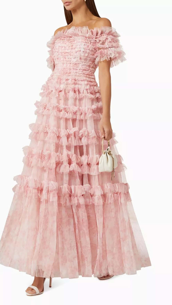 AIIZIE RUFFLE OFF SHOULDER TIERED MIDI DRESS IN PINK - product image