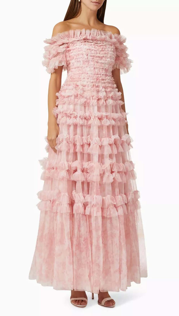 AIIZIE RUFFLE OFF SHOULDER TIERED MIDI DRESS IN PINK - product image