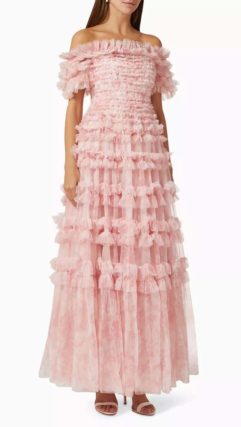 RUFFLE OFF SHOULDER TIERED MIDI DRESS IN PINK