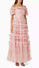 RUFFLE OFF SHOULDER TIERED MIDI DRESS IN PINK