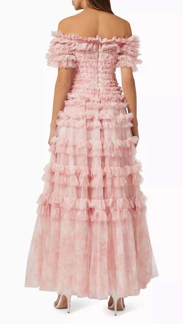 AIIZIE RUFFLE OFF SHOULDER TIERED MIDI DRESS IN PINK - product image