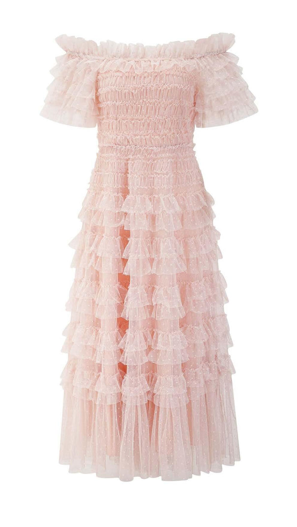 AIIZIE RUFFLE OFF SHOULDER TIERED MIDI DRESS IN PINK - product image