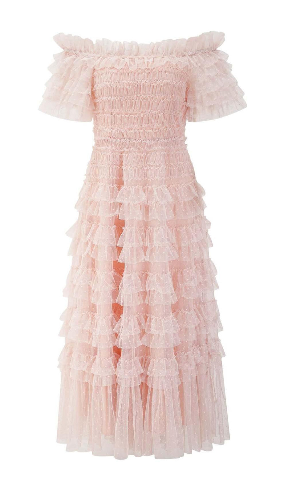 RUFFLE OFF SHOULDER TIERED MIDI DRESS IN PINK