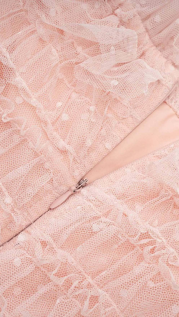 AIIZIE RUFFLE OFF SHOULDER TIERED MIDI DRESS IN PINK - product image