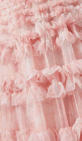 RUFFLE OFF SHOULDER TIERED MIDI DRESS IN PINK