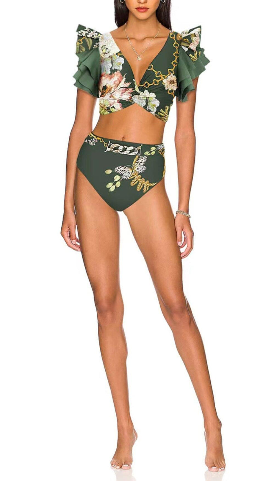 RUFFLED FLORAL PRINT BIKINI SWIMSUIT AND SKIRT