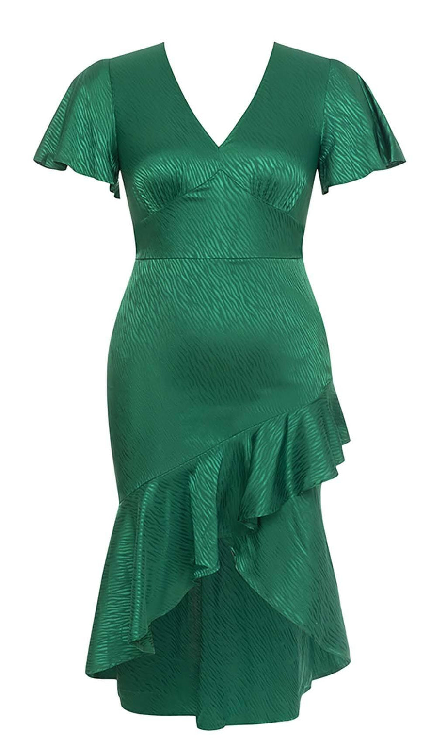 RUFFLE TRIM WRAP MIDI DRESS IN GREEN