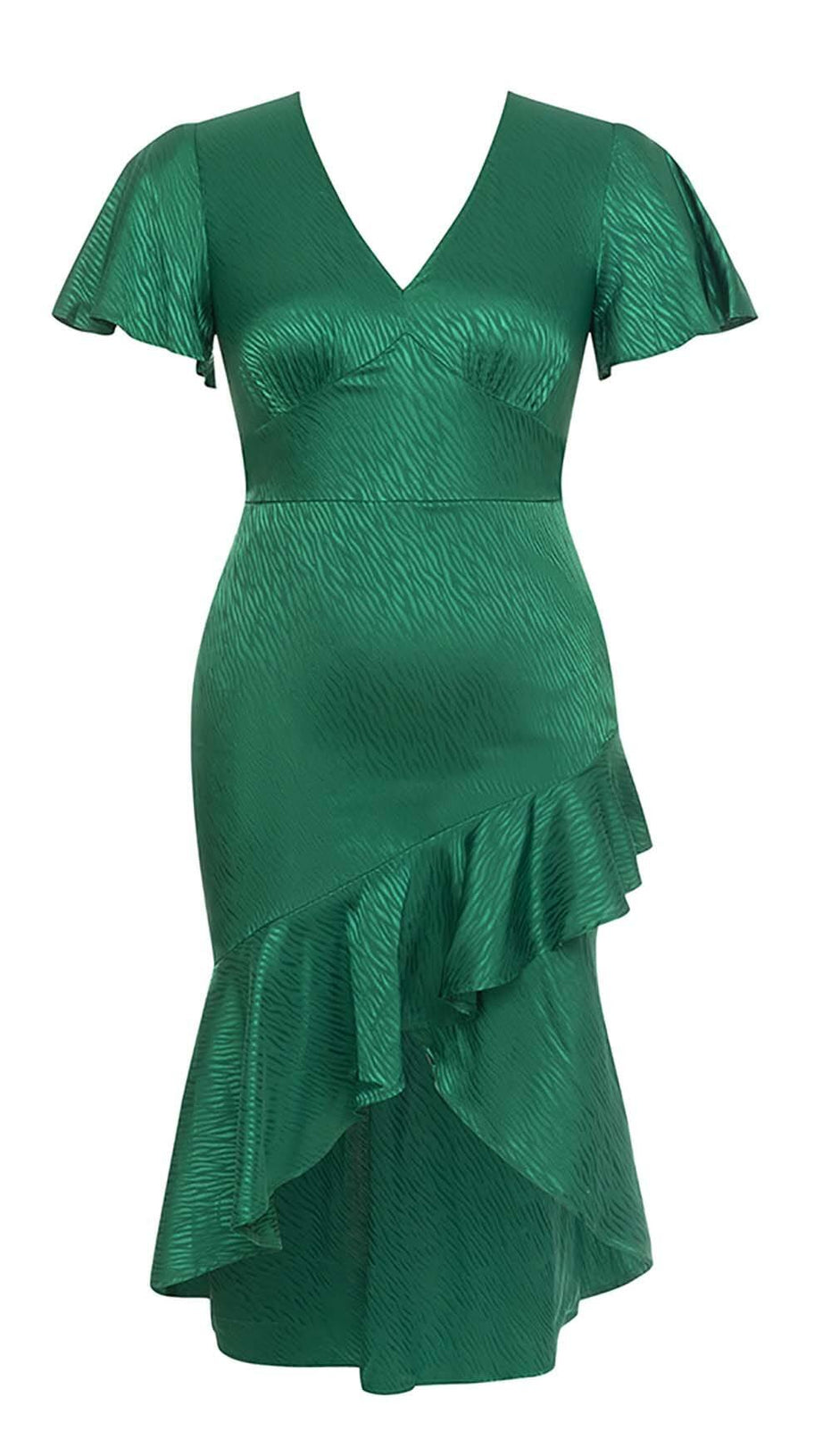 RUFFLE TRIM WRAP MIDI DRESS IN GREEN
