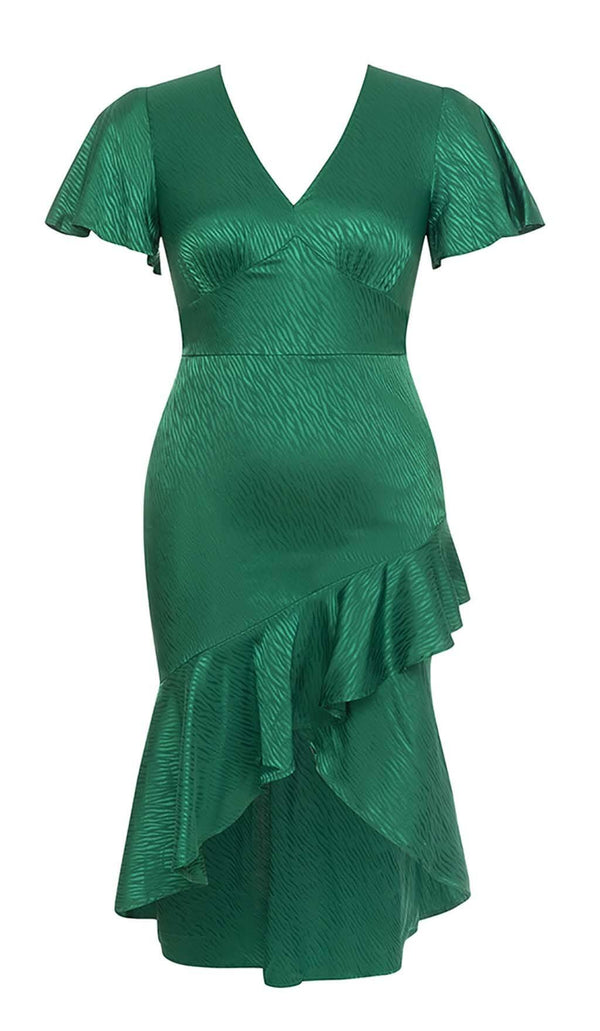 RUFFLE TRIM WRAP MIDI DRESS IN GREEN