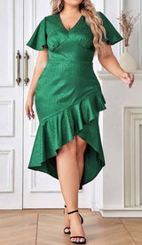 RUFFLE TRIM WRAP MIDI DRESS IN GREEN