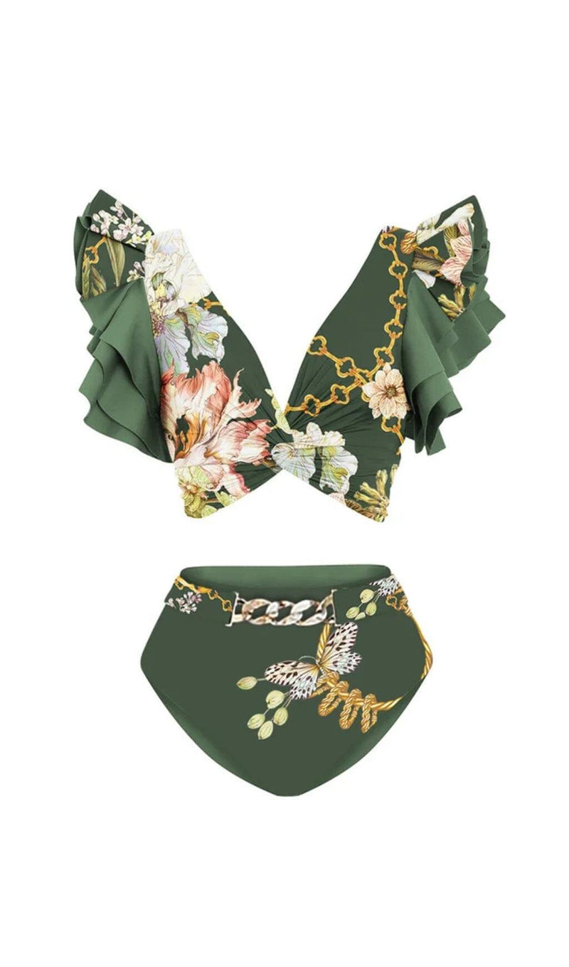 RUFFLED FLORAL PRINT BIKINI SWIMSUIT AND SKIRT