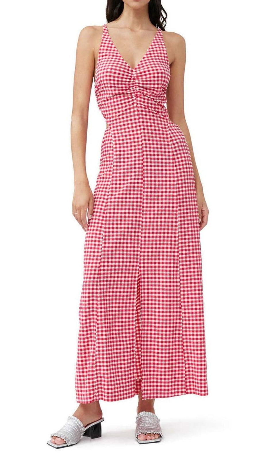 SEERSUCKER-MAXIKLEID MIT TIEFEM AUSSCHNITT IN ROSA