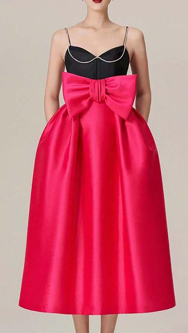 AIIZIE SPAGHETTI STRAP BOW RHINESTONE MIDI DRESS IN RED - product image