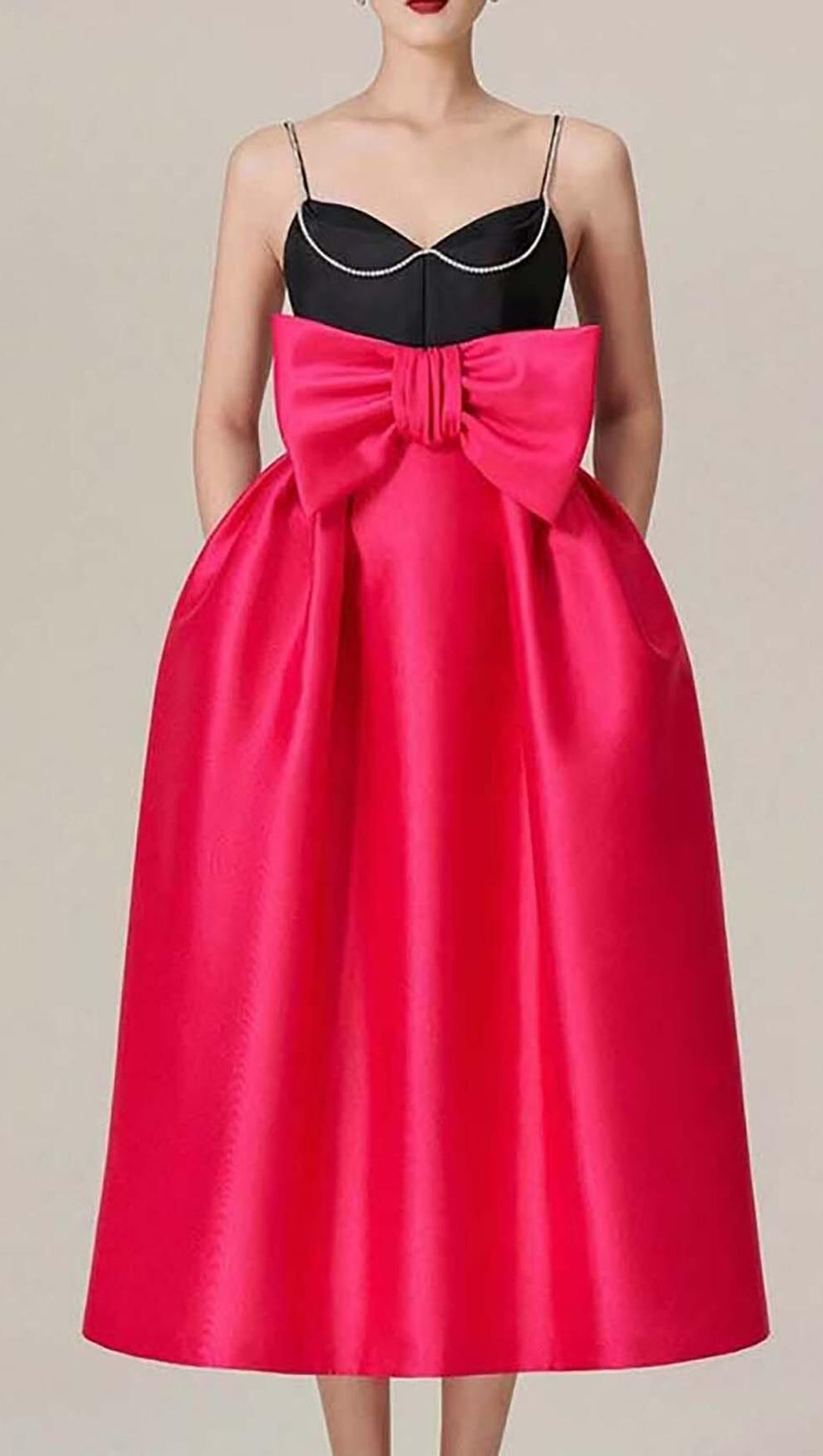 SPAGHETTI STRAP BOW RHINESTONE MIDI DRESS IN RED