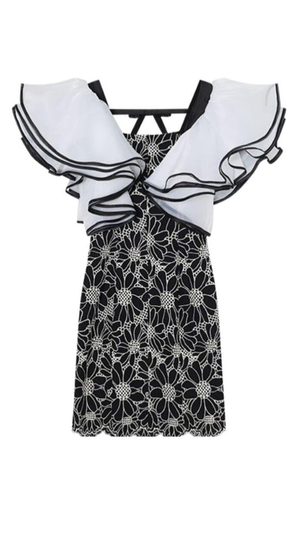 AIIZIE SUNFLOWER ORGANZA PUFF SLEEVES MINI DRESS IN BLACK - product image