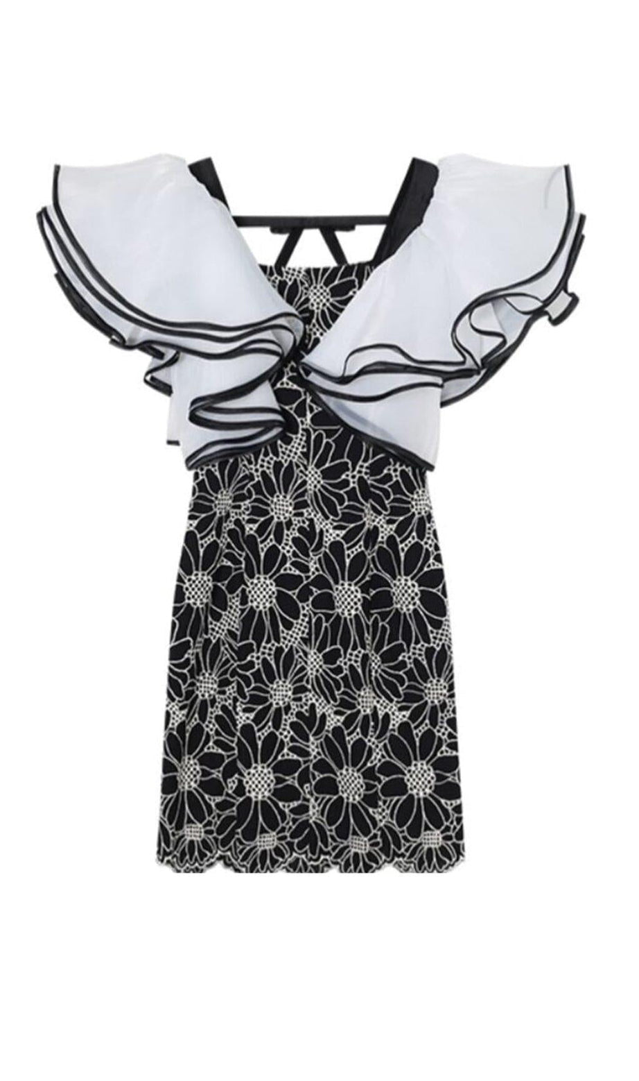 MINI ABITO IN ORGANZA DI GIRASOLE CON MANICHE A SBUFFO, NERO