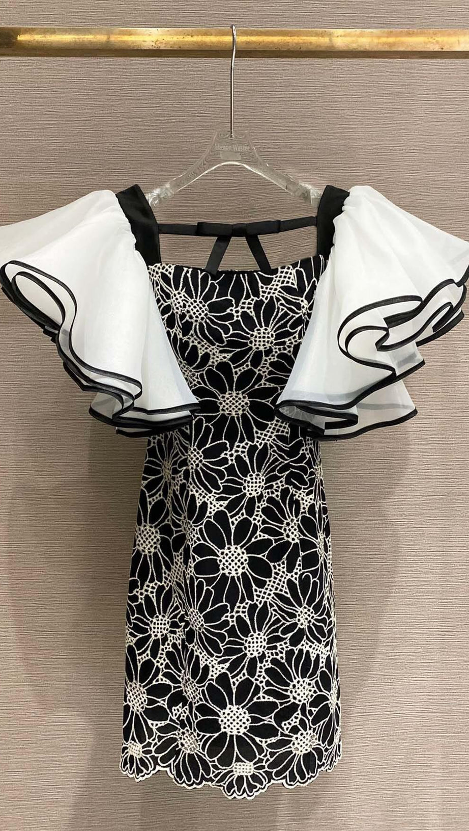 SUNFLOWER ORGANZA PUFF SLEEVES MINI DRESS IN BLACK