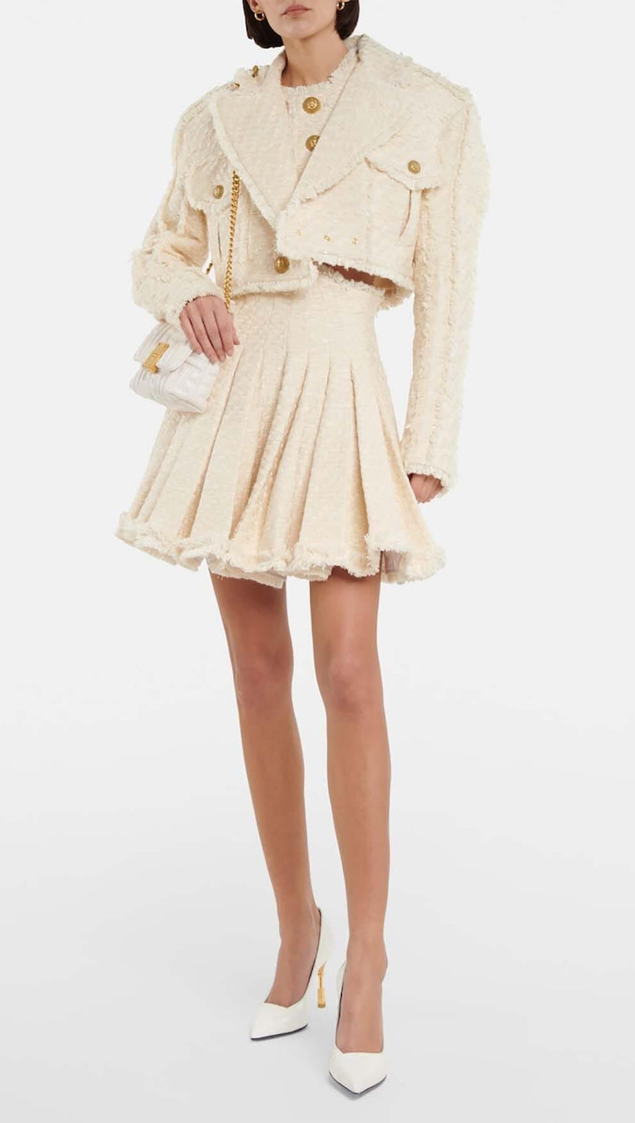 TWEED CROPPED JACKET WITH PLATED SKIRT IN LVORY