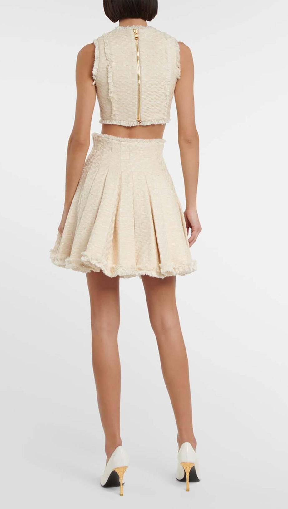 TWEED CROPPED JACKET WITH PLATED SKIRT IN LVORY
