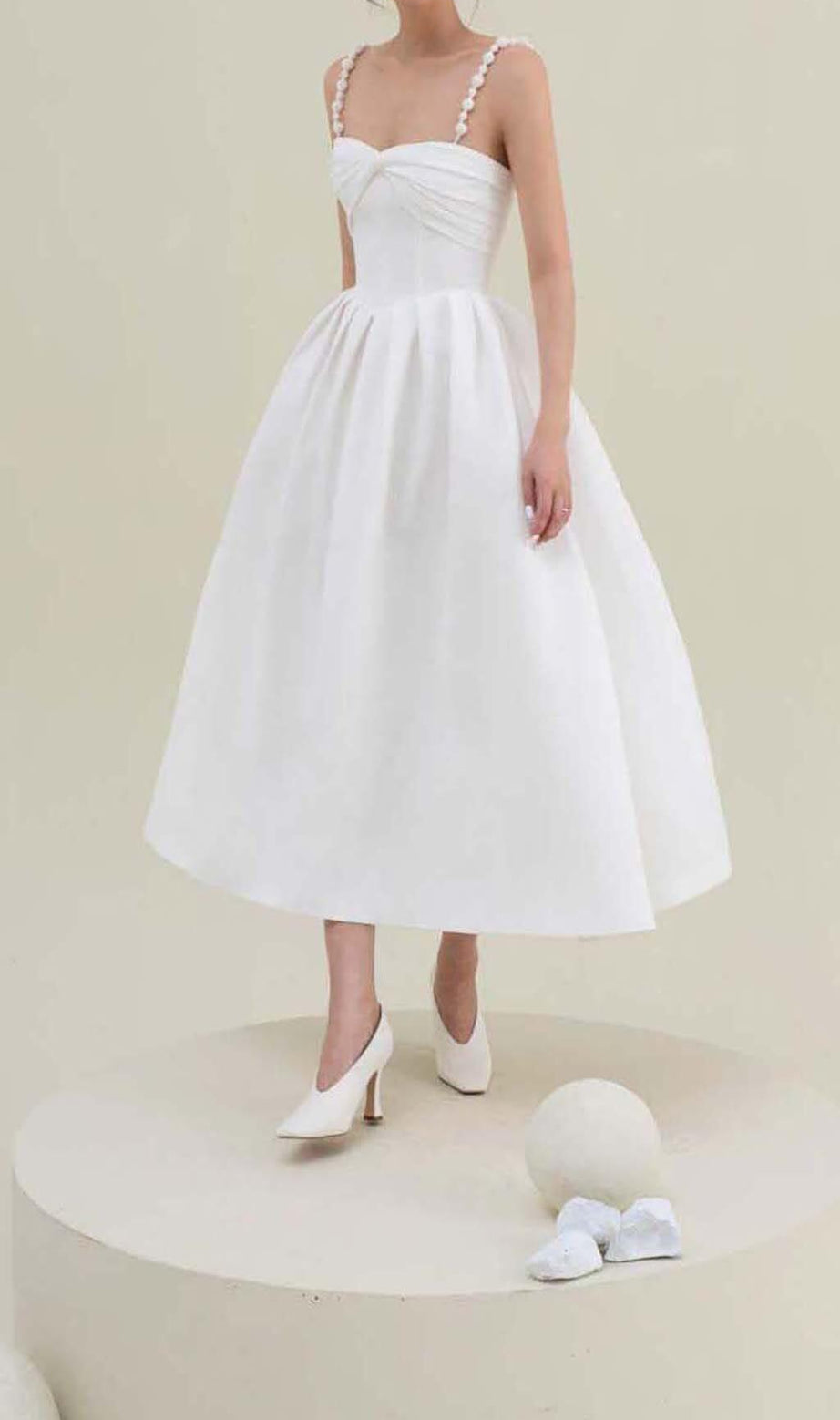 TWISTED PEARL STRAP MIDI DRESS IN WHITE