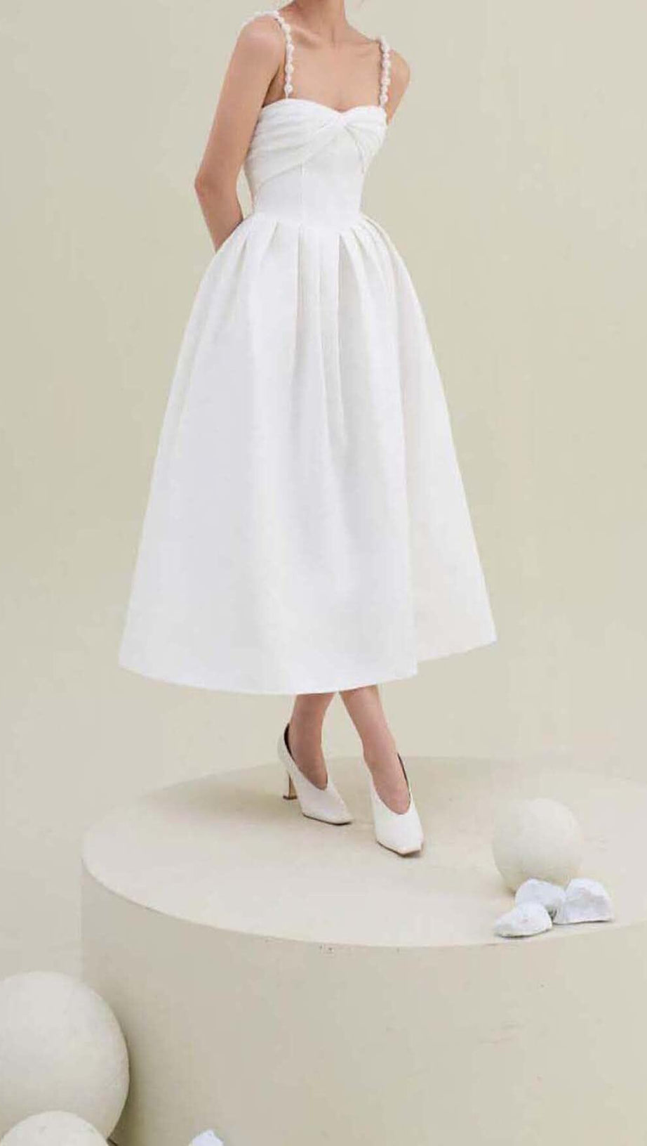 TWISTED PEARL STRAP MIDI DRESS IN WHITE