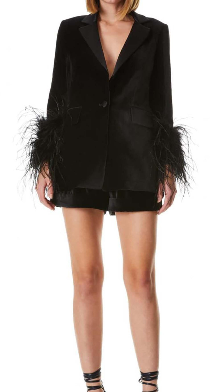 VELVET FEATHER-TRIM JACKET IN BLACK