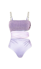 PEARL STRAP CUTOUT SHINY TEXTURE ONE PIECE SWIMSUIT AND SKIRT