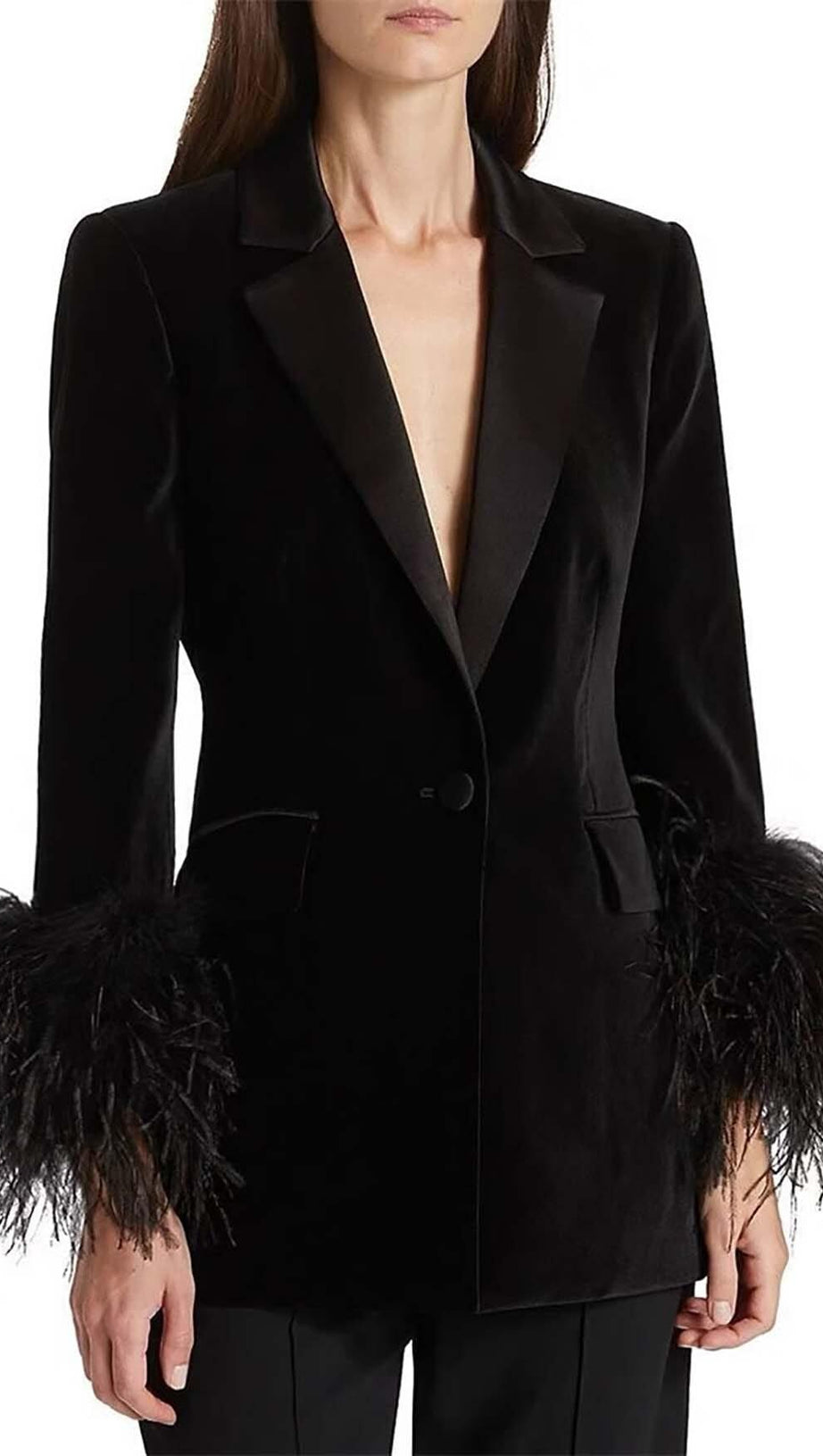 VELVET FEATHER-TRIM JACKET IN BLACK
