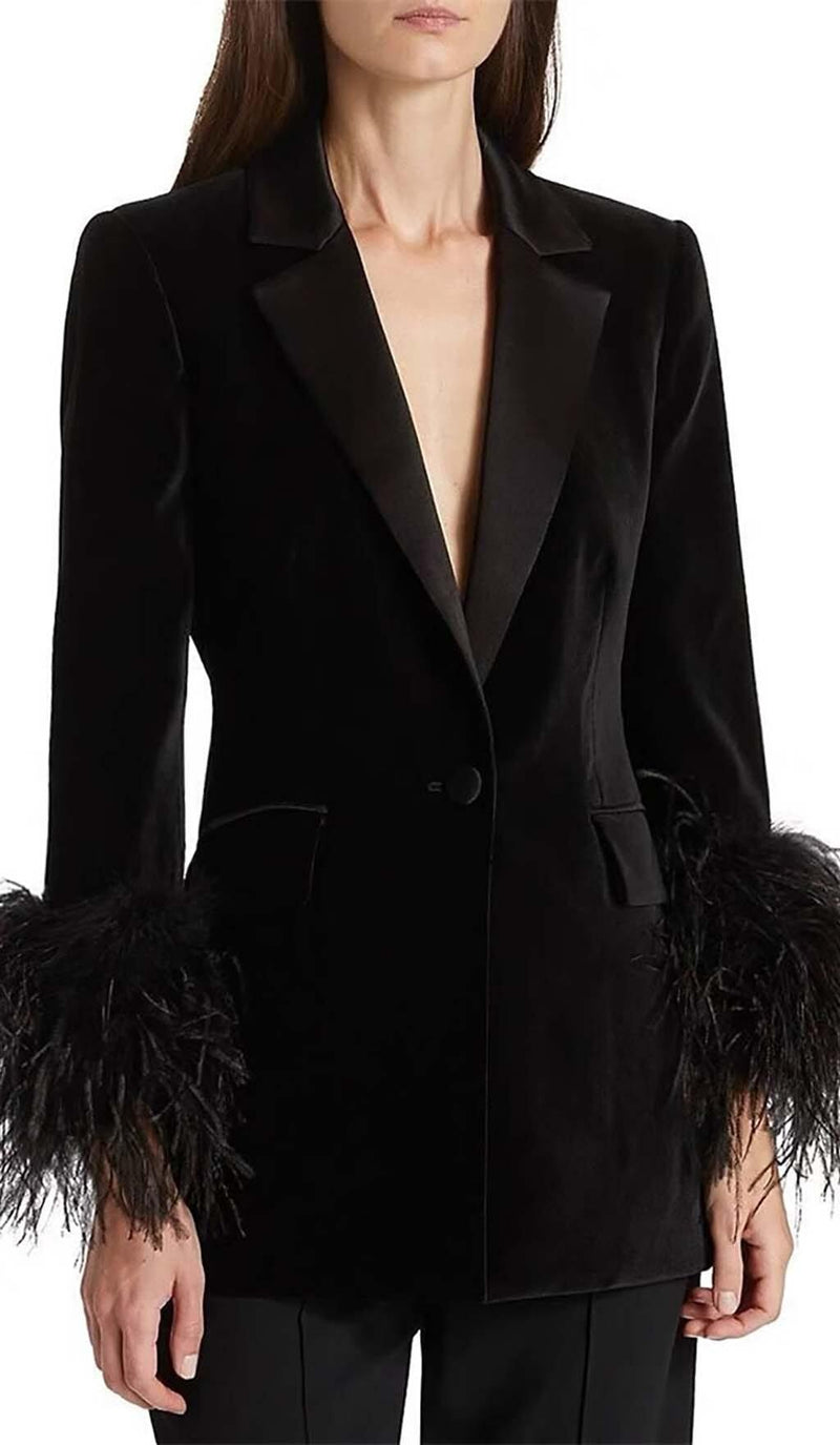 VELVET FEATHER-TRIM JACKET IN BLACK