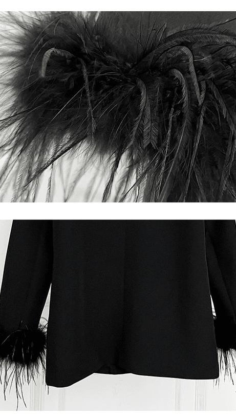 VELVET FEATHER-TRIM JACKET IN BLACK