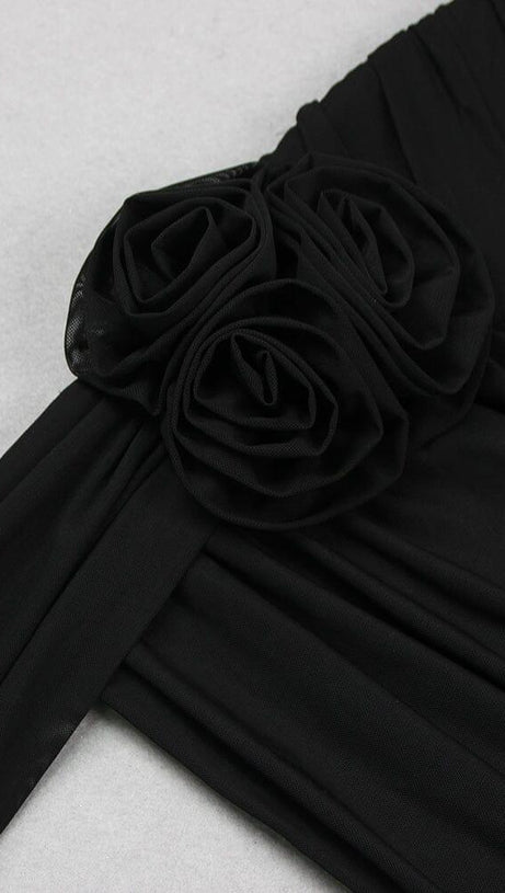3D FLOWER STRAPLESS MINI DRESS IN BLACK