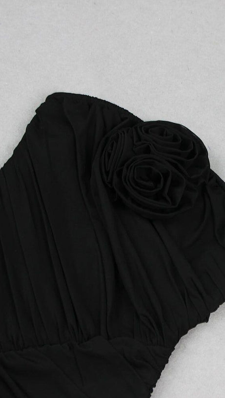 3D FLOWER STRAPLESS MINI DRESS IN BLACK