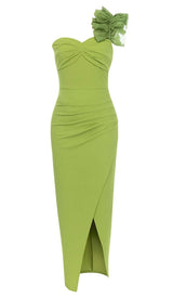 ASYMMETRICAL NECK SPLIT THIGH MIDI DRESS IN GREEN