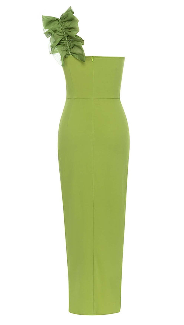 AIIZIE ASYMMETRICAL NECK SPLIT THIGH MIDI DRESS IN GREEN - product image