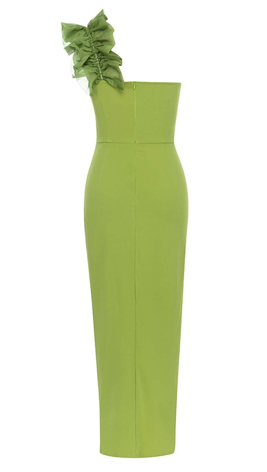 ASYMMETRICAL NECK SPLIT THIGH MIDI DRESS IN GREEN