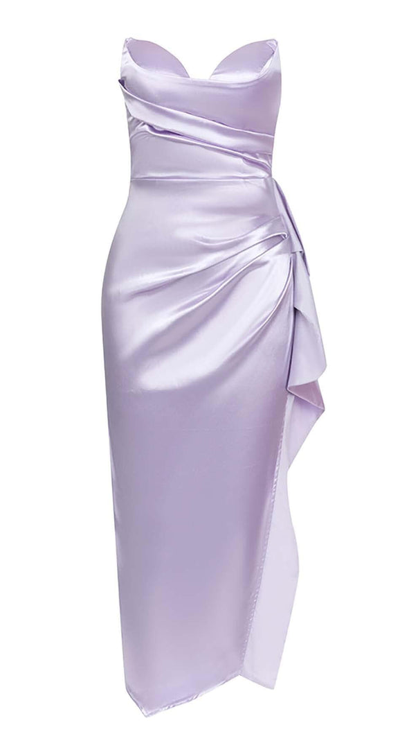 AIIZIE BANDEAU RUCHED SATIN MIDI DRESS IN LILAC - product image