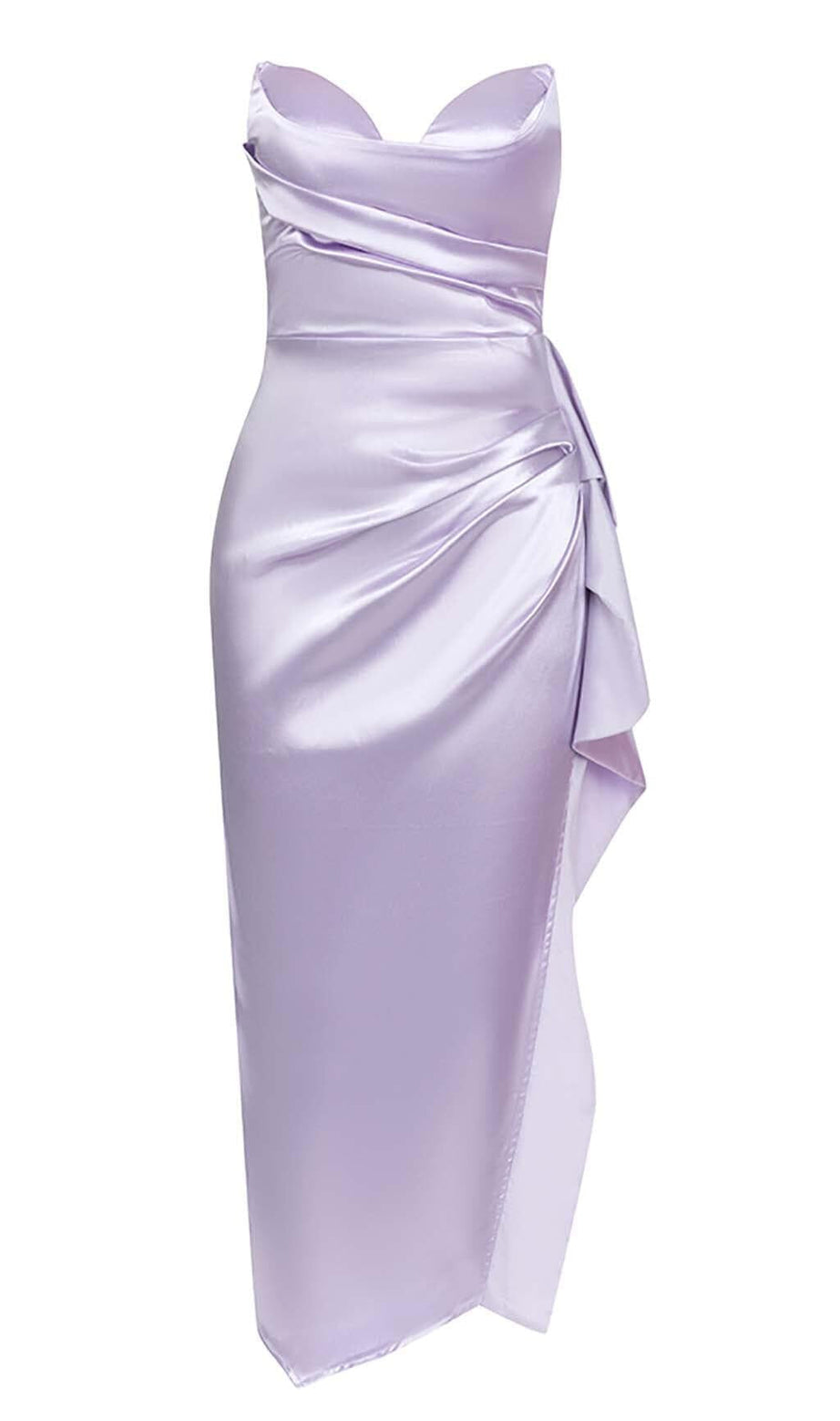 BANDEAU RUCHED SATIN MIDI DRESS IN LILAC