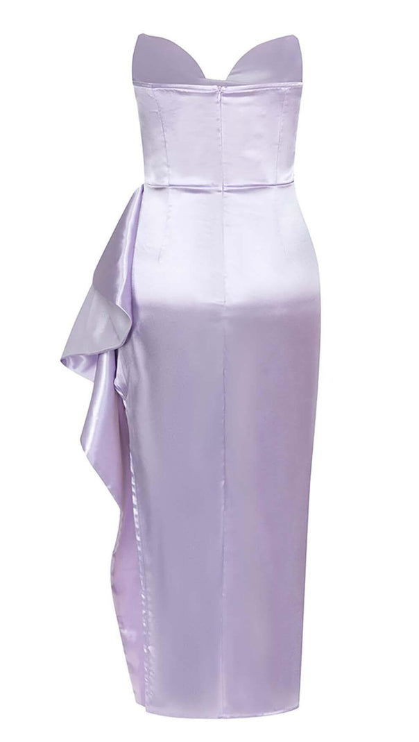 AIIZIE BANDEAU RUCHED SATIN MIDI DRESS IN LILAC - product image