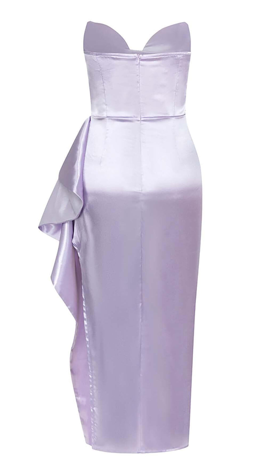 BANDEAU RUCHED SATIN MIDI DRESS IN LILAC