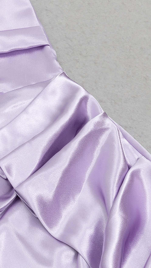 AIIZIE BANDEAU RUCHED SATIN MIDI DRESS IN LILAC - product image