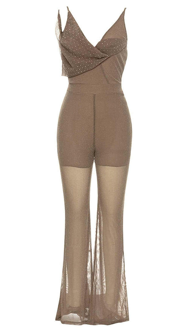 AIIZIE COWL-NECK SEQUIN JUMPSUIT IN KHAKI - product image