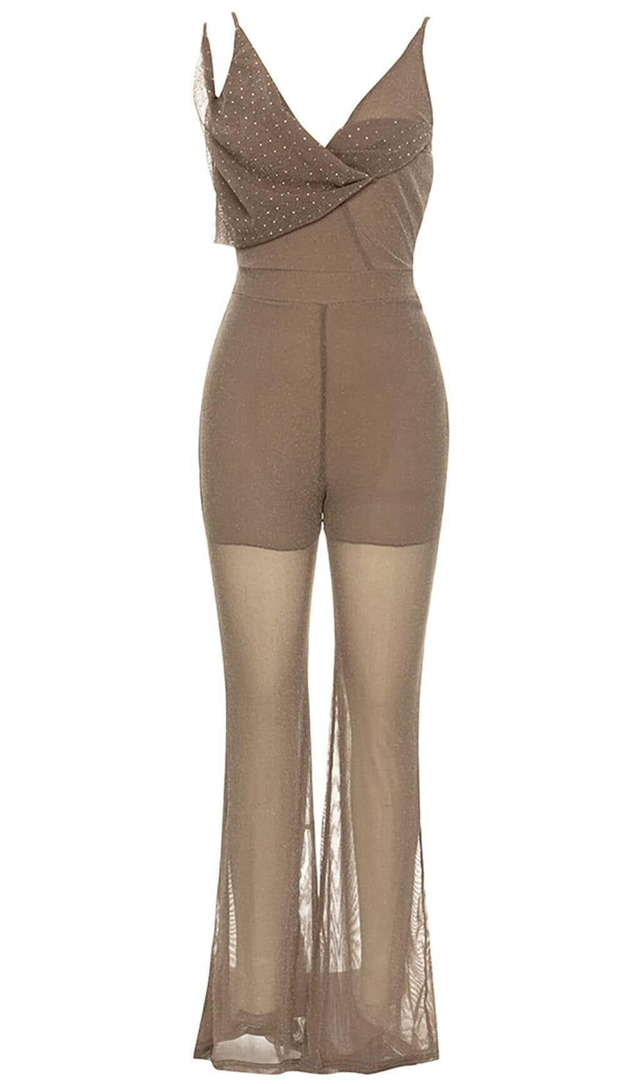 COWL-NECK SEQUIN JUMPSUIT IN KHAKI