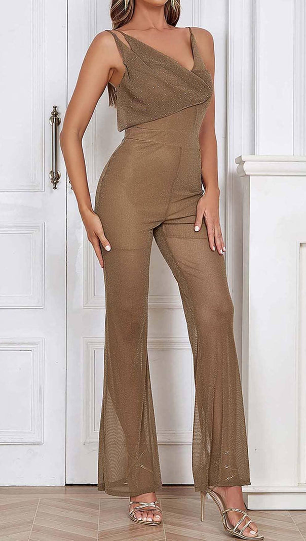 AIIZIE COWL-NECK SEQUIN JUMPSUIT IN KHAKI - product image